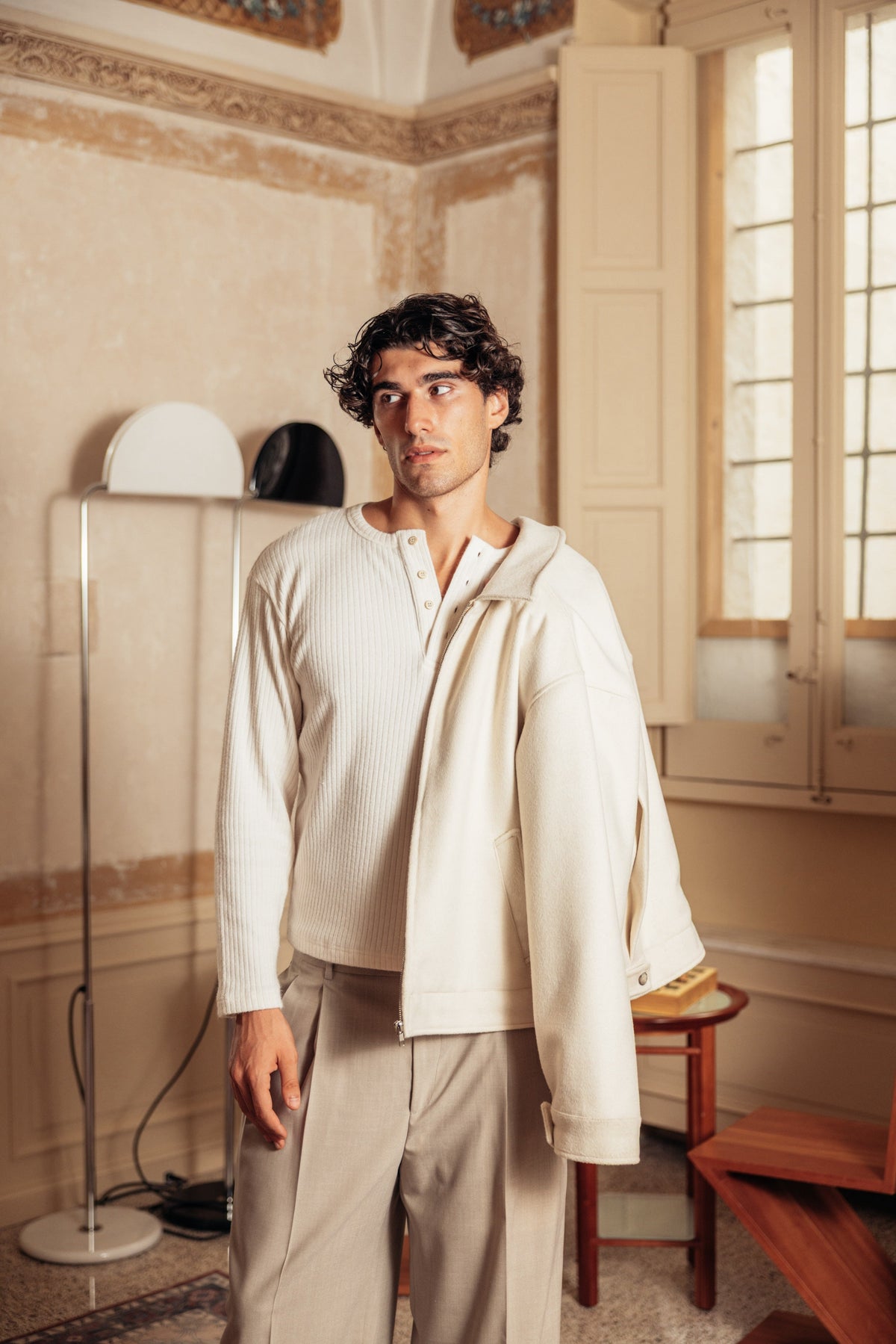 Merino Wool Jacket Milk worn by model