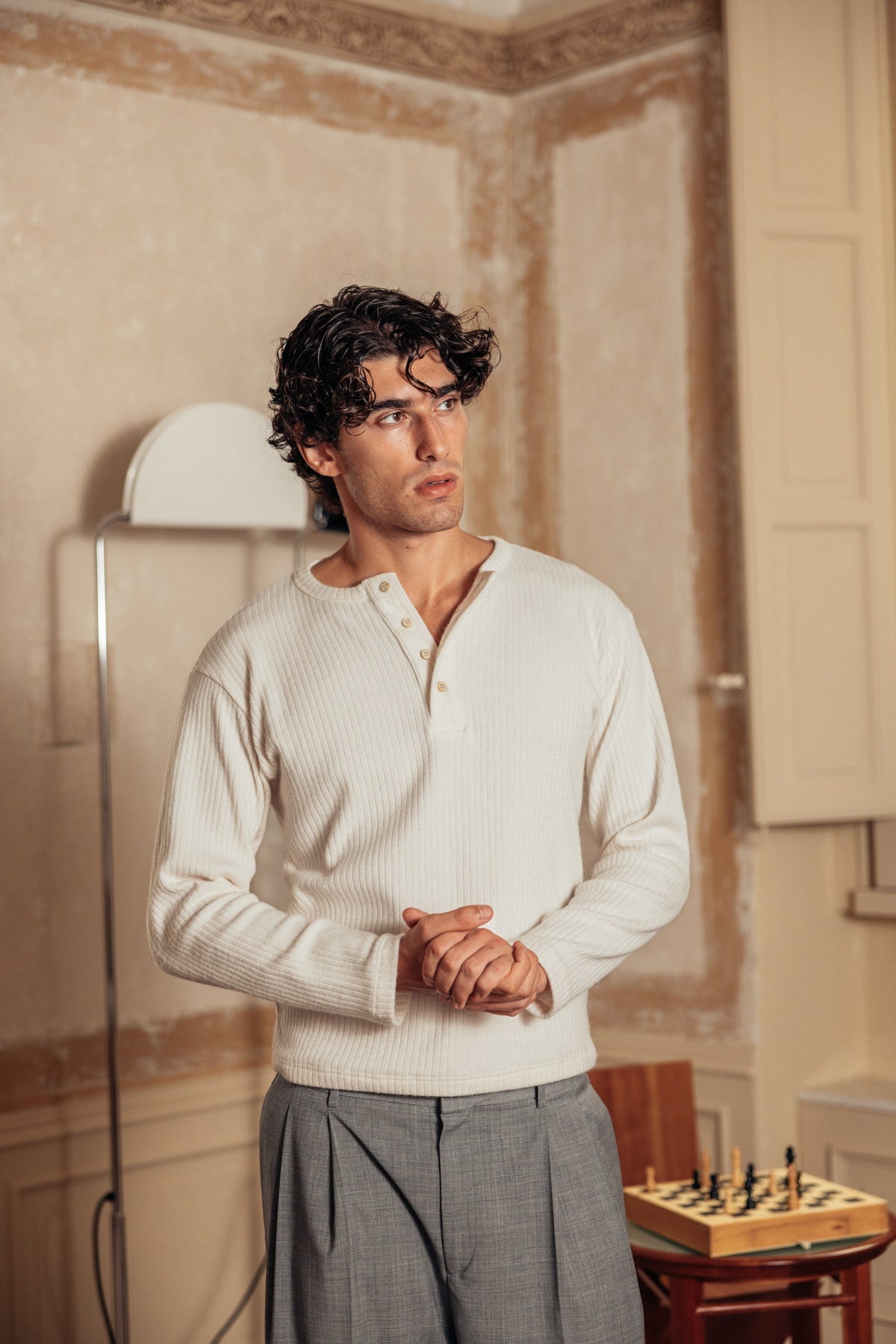 Henley Ribbed Knit Milk worn by model - primary look