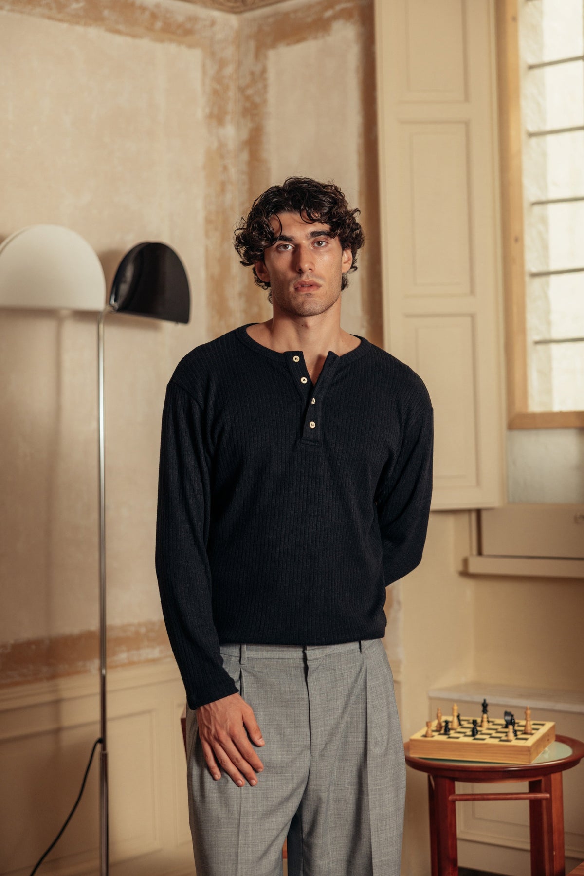 Henley Ribbed Knit Black worn by model