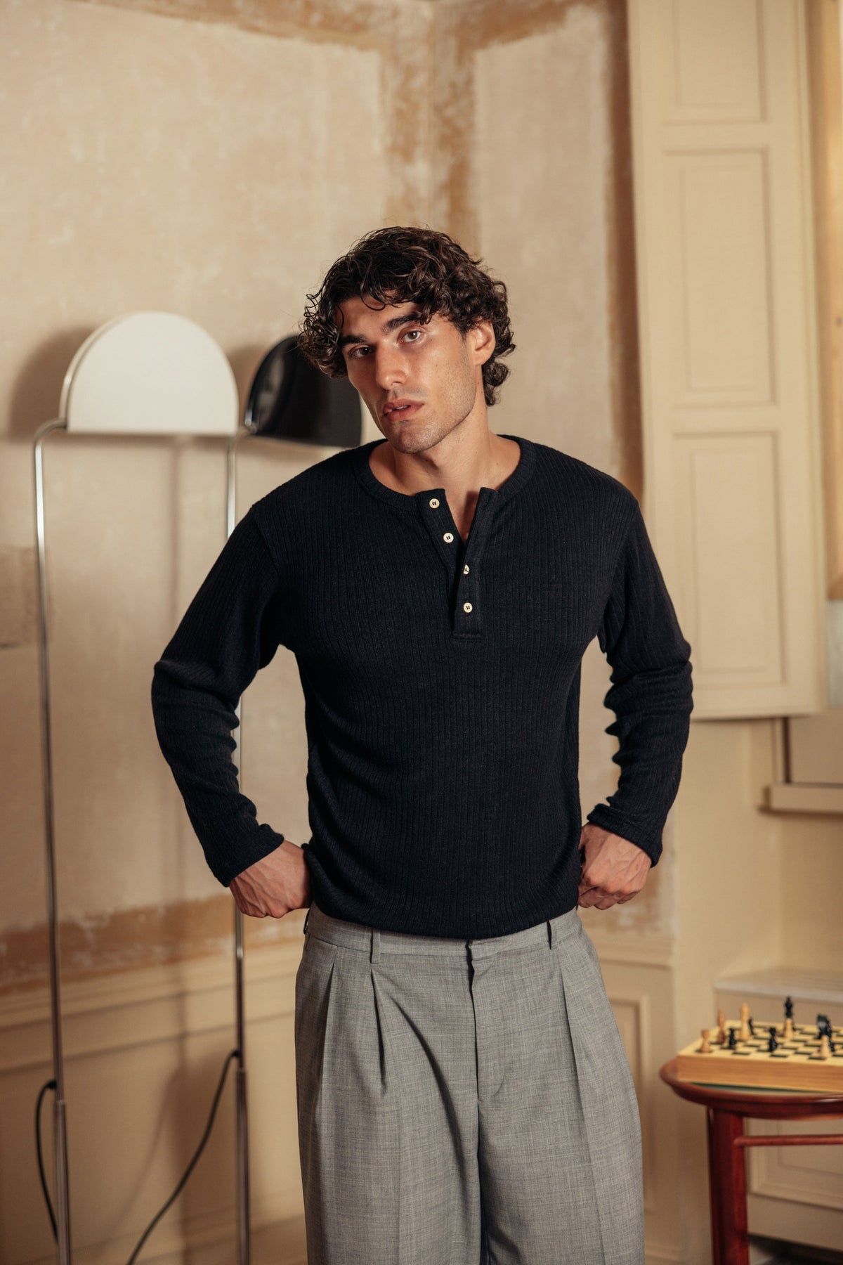 Henley Ribbed Knit Black worn by model - primary look