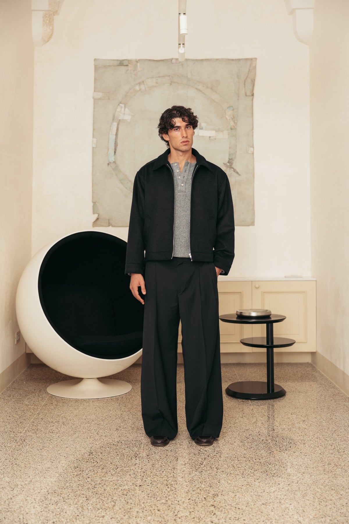 Extrafine Wool Sartorial Pant Black worn by model