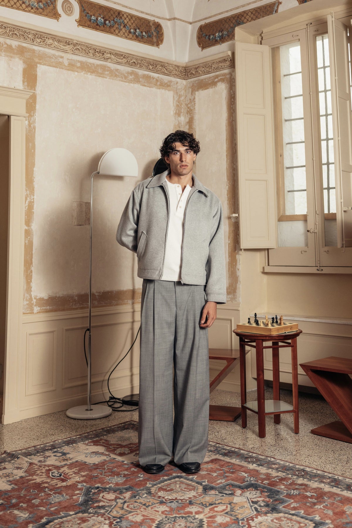 Extrafine Wool Sartorial Pant Grey worn by model