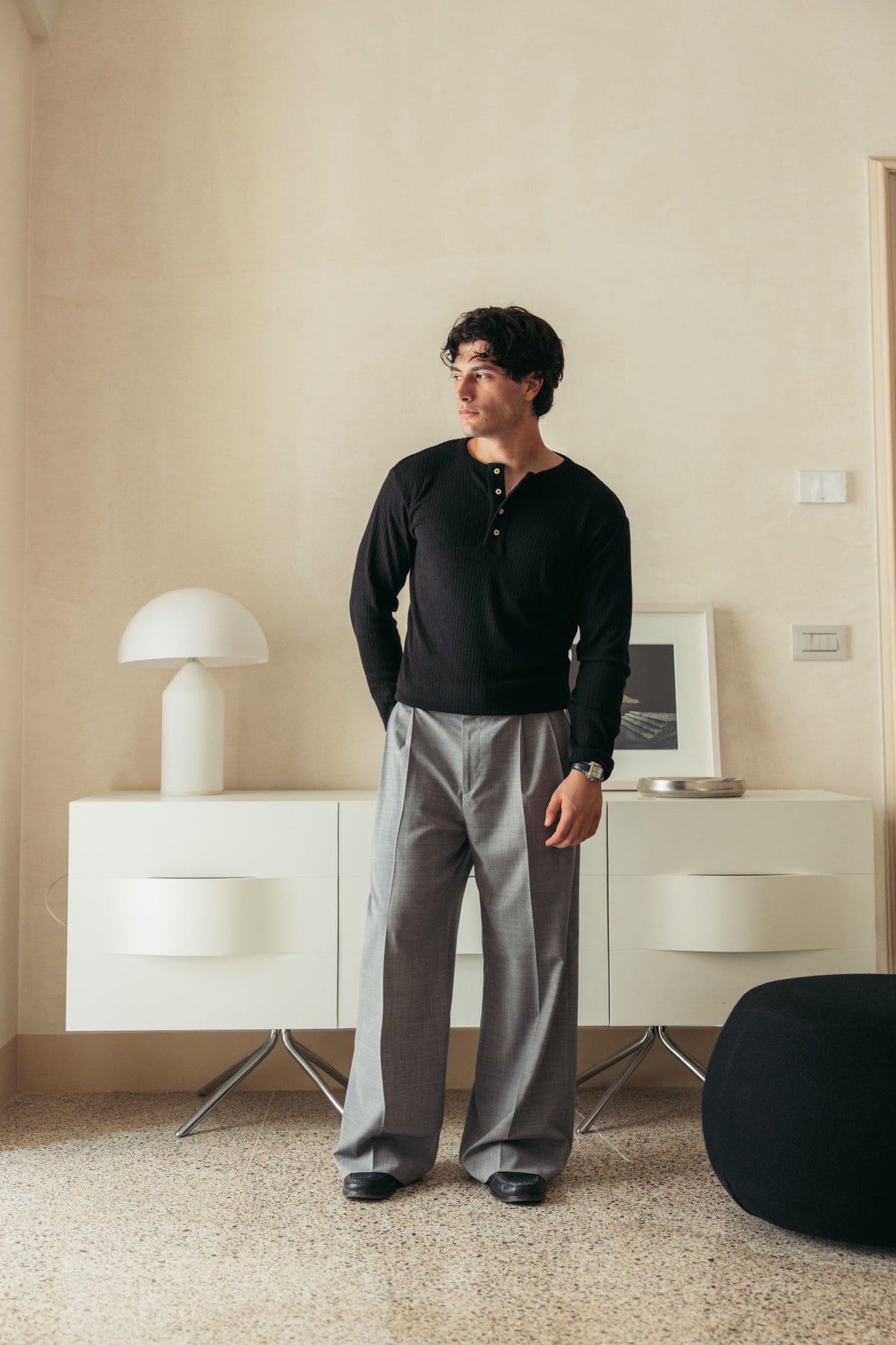 Henley Ribbed Knit Black worn by model