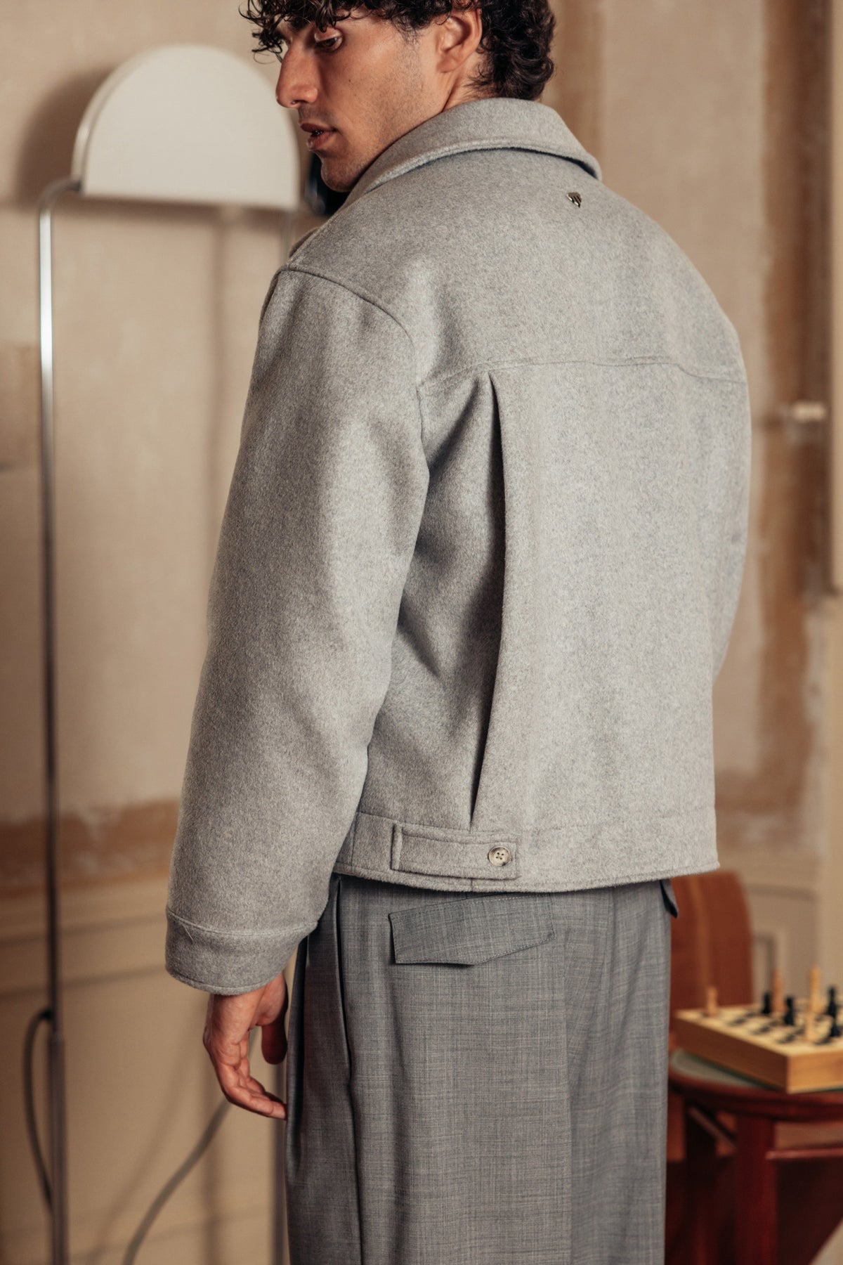 Merino Wool Jacket Grey worn by model