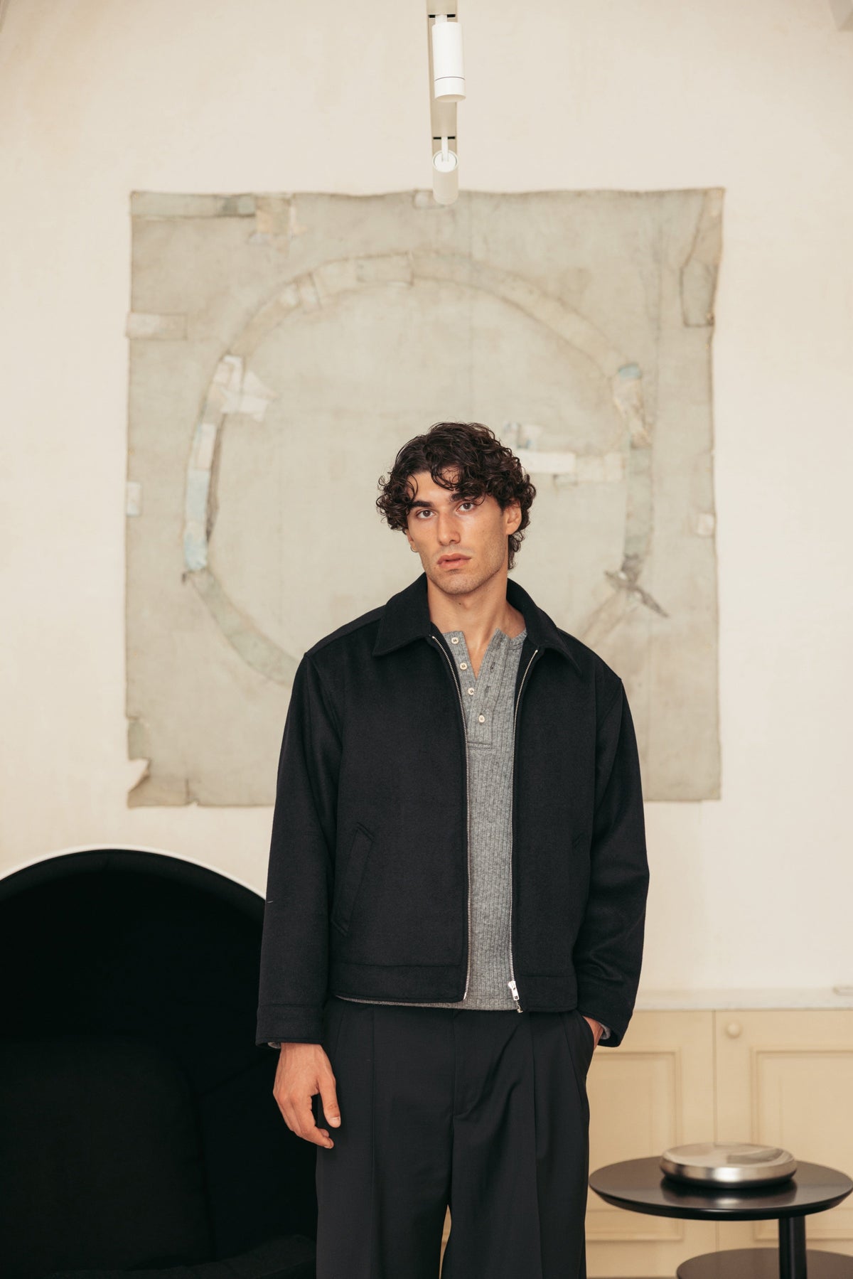 Merino Wool Jacket Black worn by model - primary look