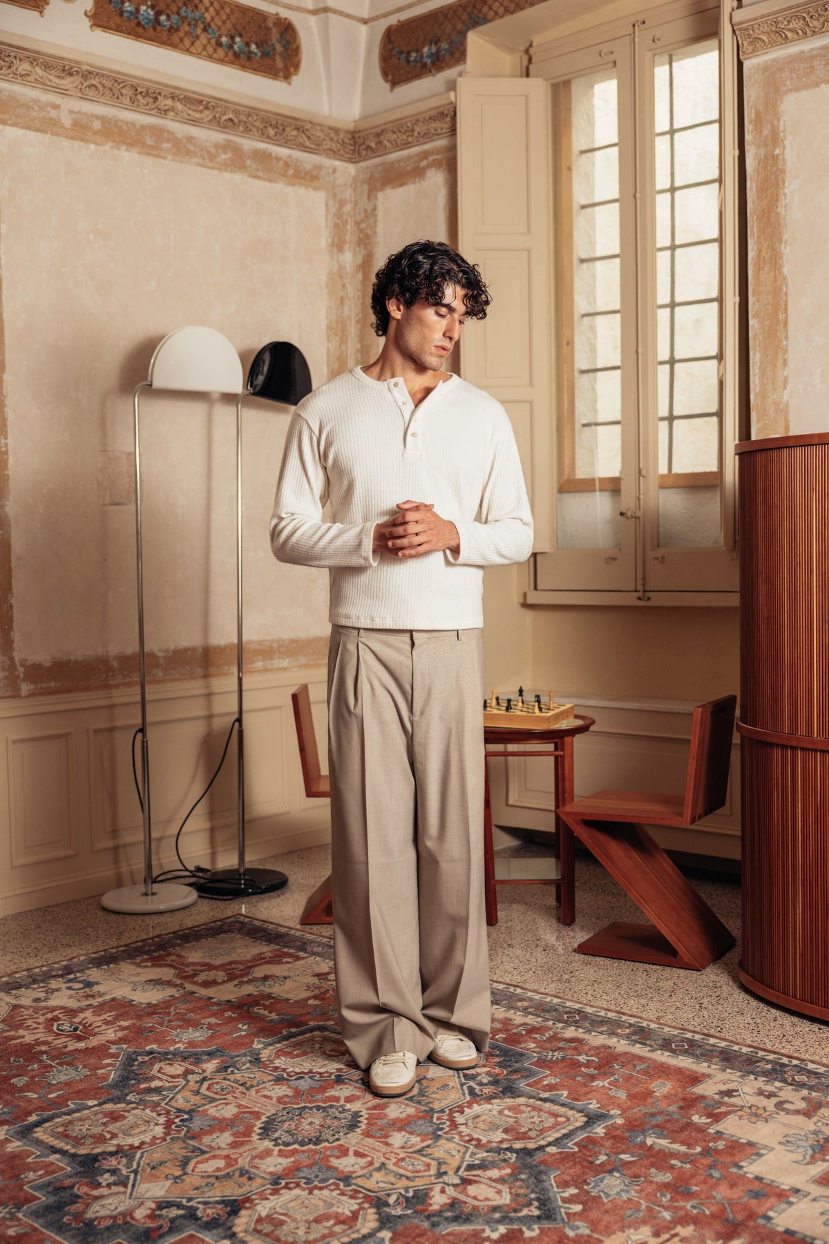 Extrafine Wool Sartorial Pant Taupe worn by model - primary look