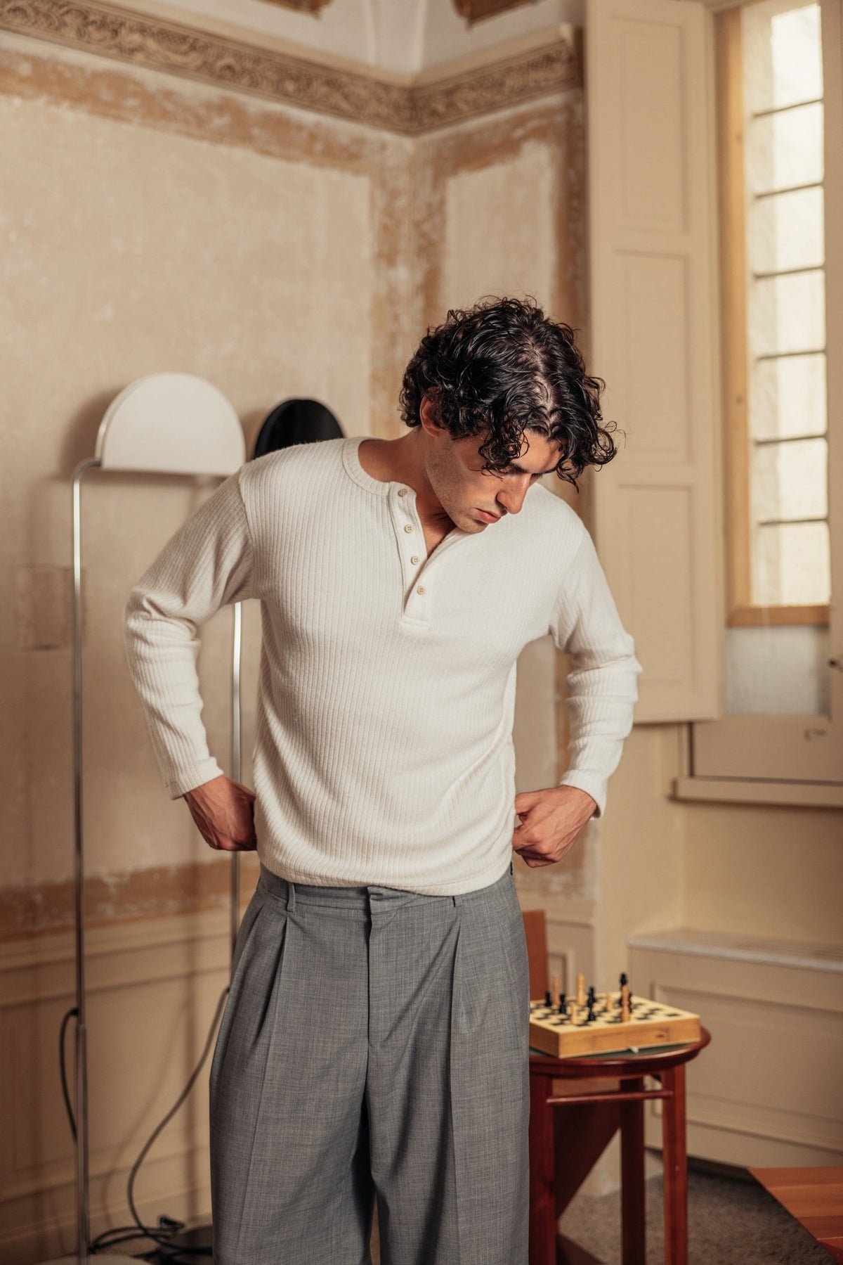 Henley Ribbed Knit Milk worn by model