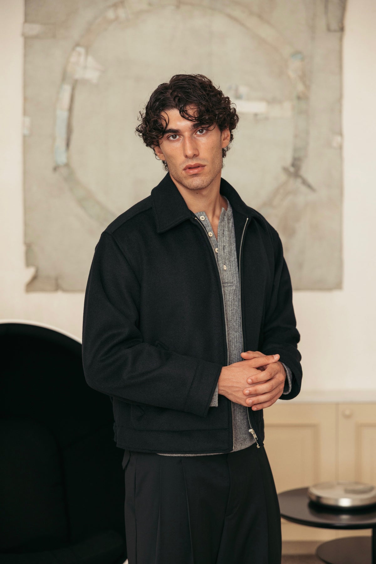 Merino Wool Jacket Black worn by model