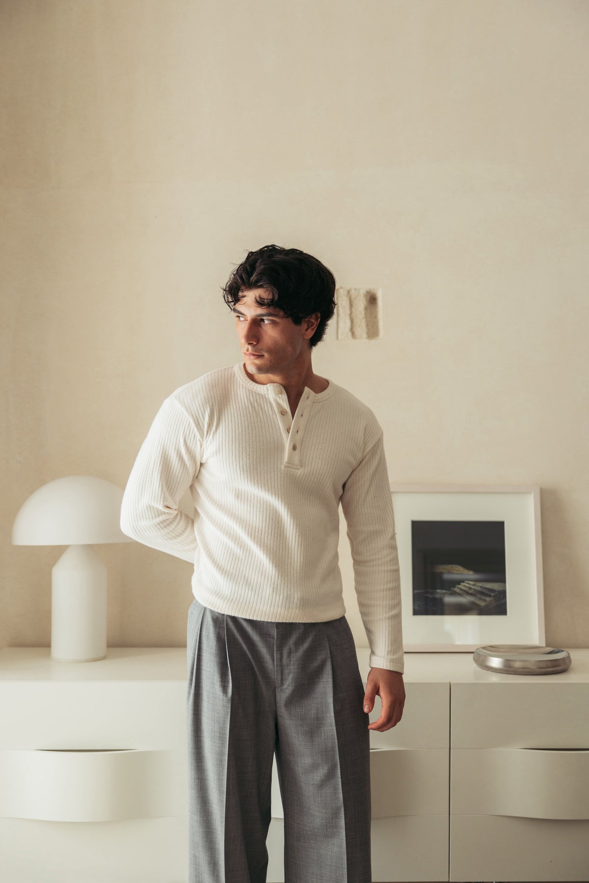 Henley Ribbed Knit Milk worn by model