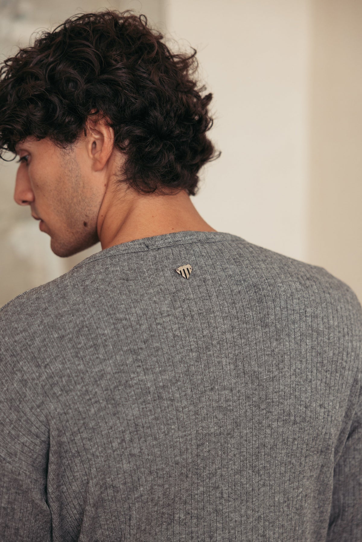 Henley Ribbed Knit Grey worn by model