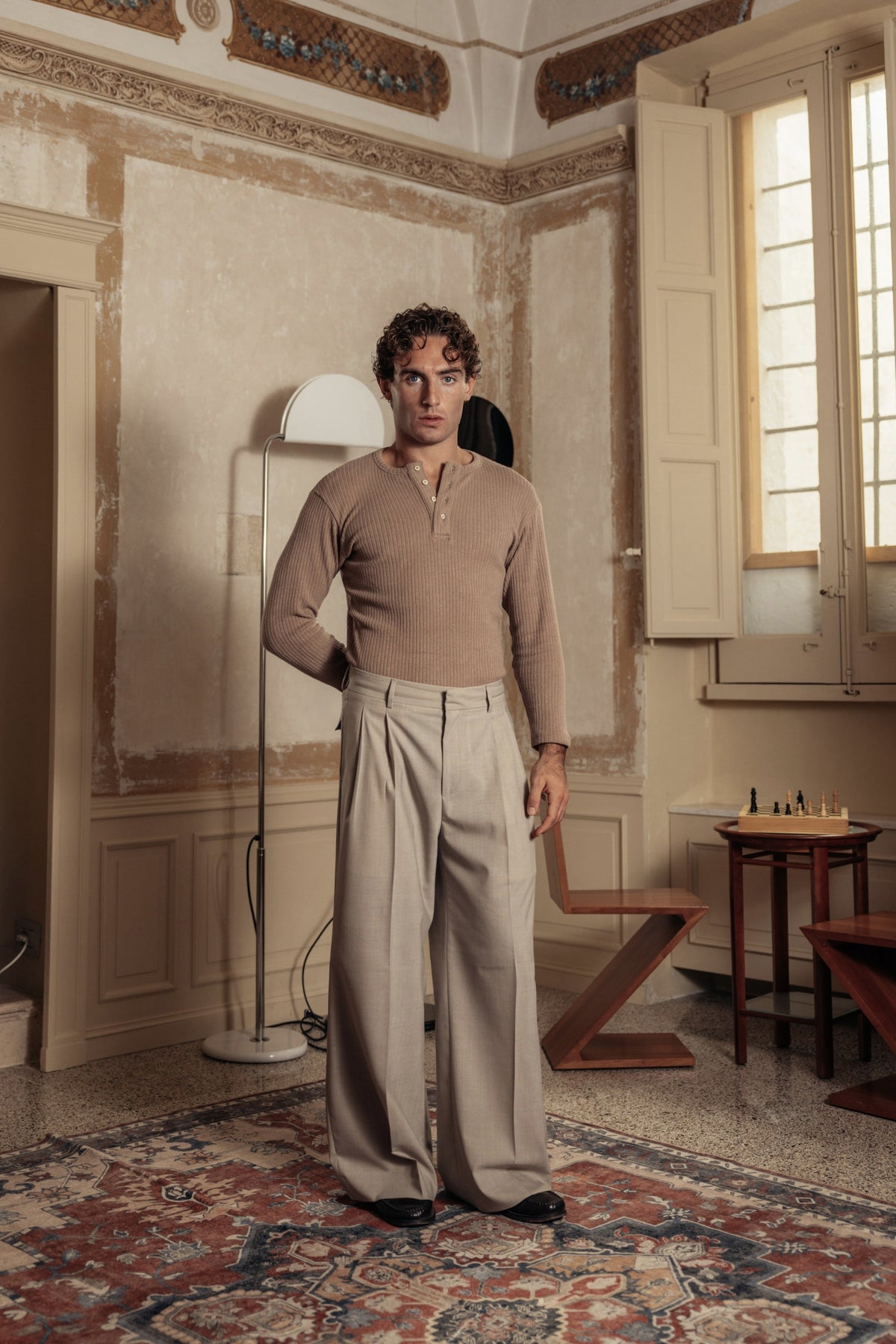 Henley Ribbed Knit Taupe worn by model
