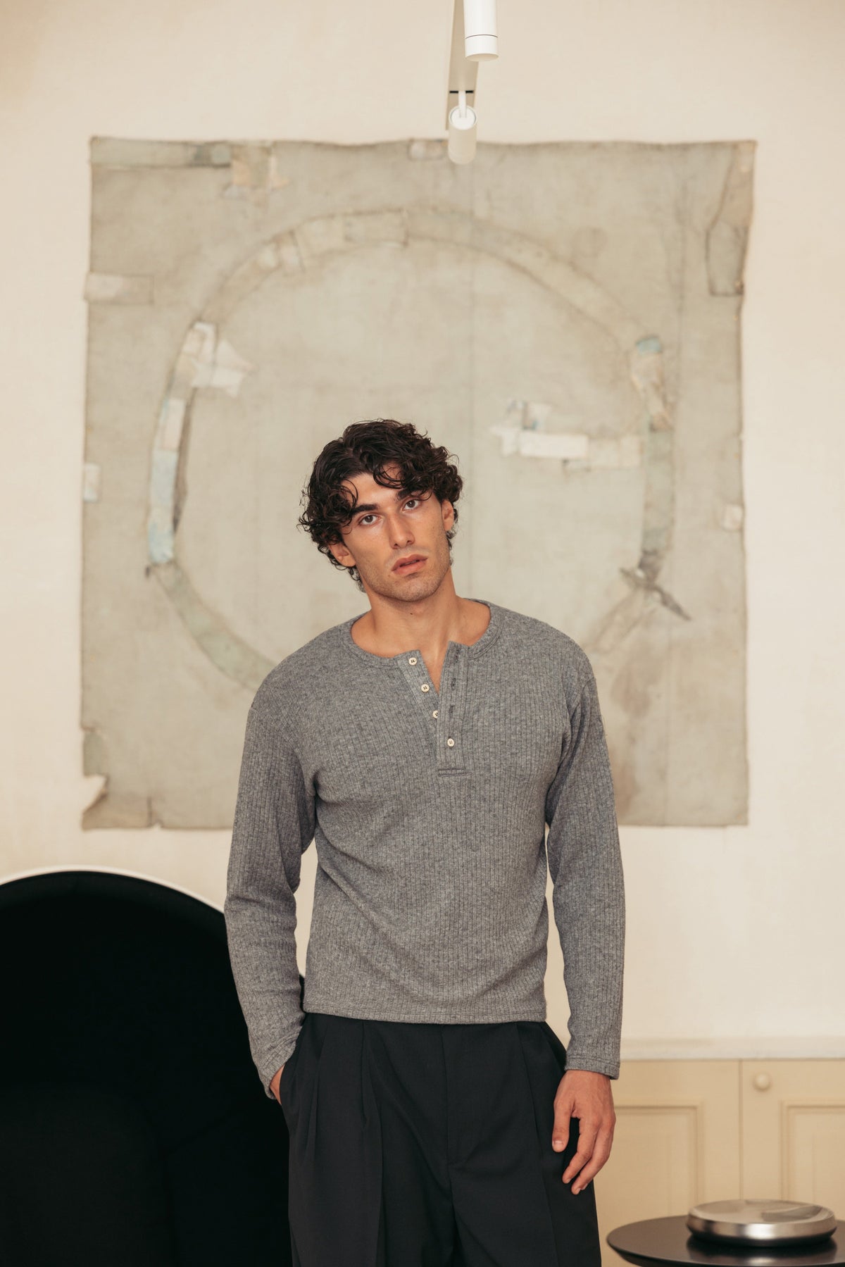 Henley Ribbed Knit Grey worn by model - primary look