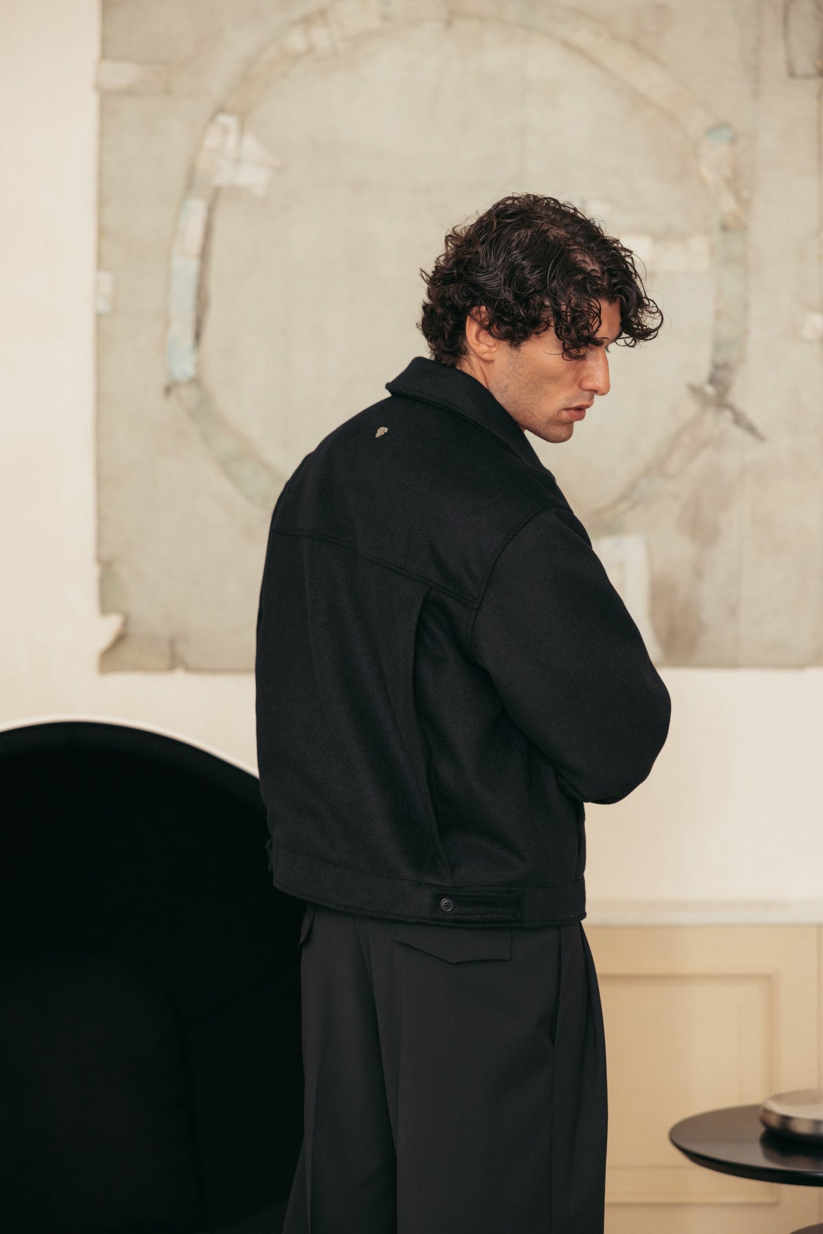 Merino Wool Jacket Black worn by model