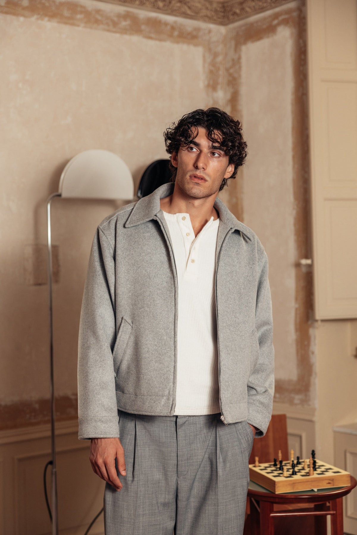 Merino Wool Jacket Grey worn by model
