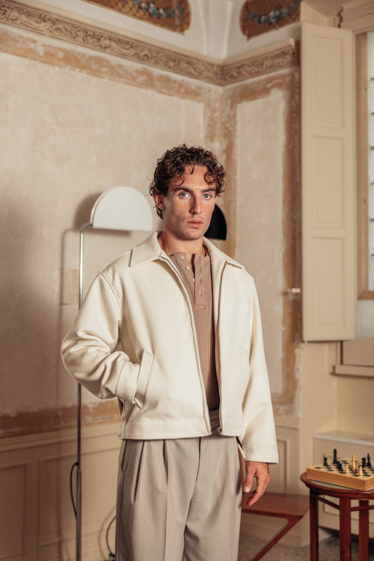 Merino Wool Jacket Milk worn by model