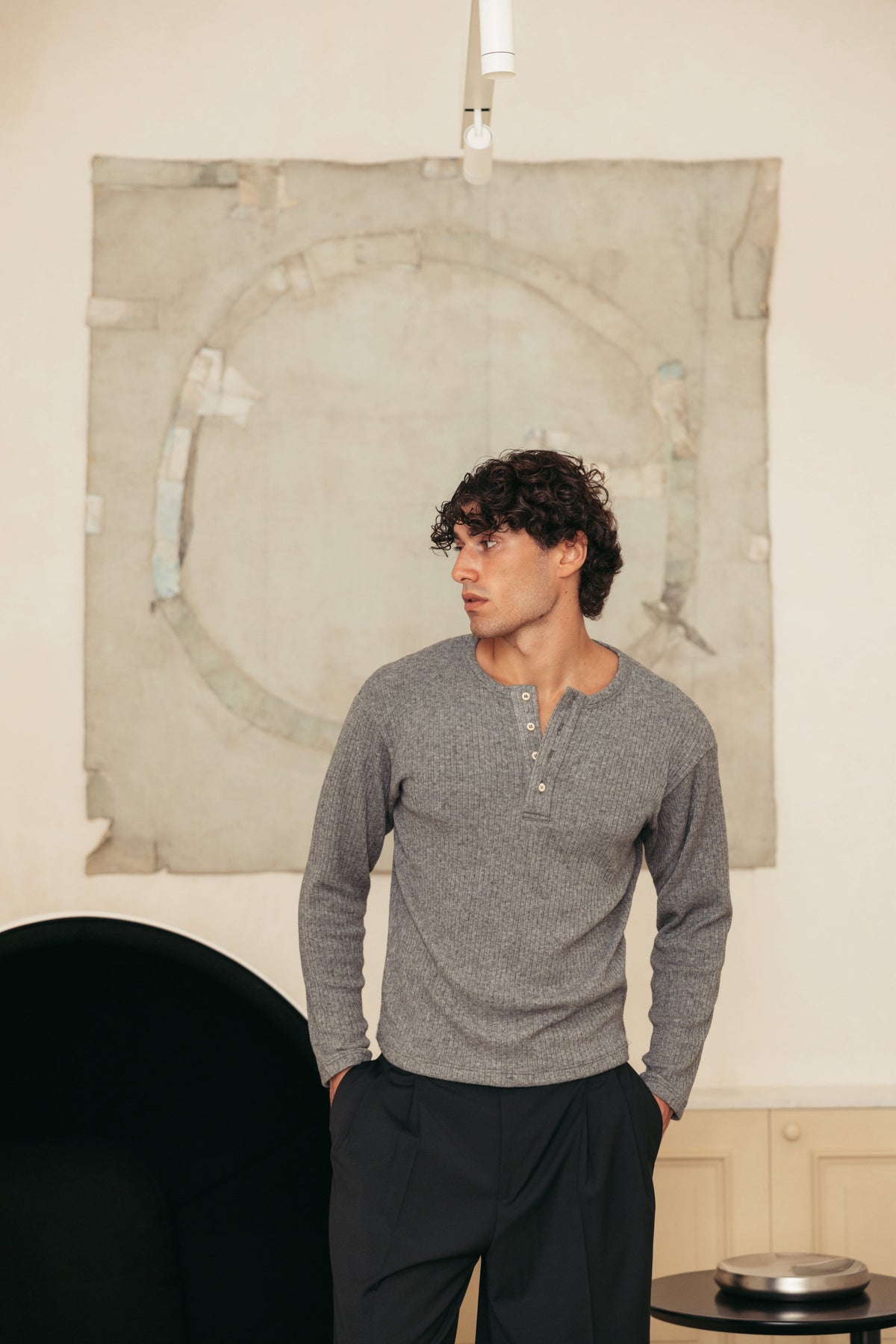 Henley Ribbed Knit Grey worn by model