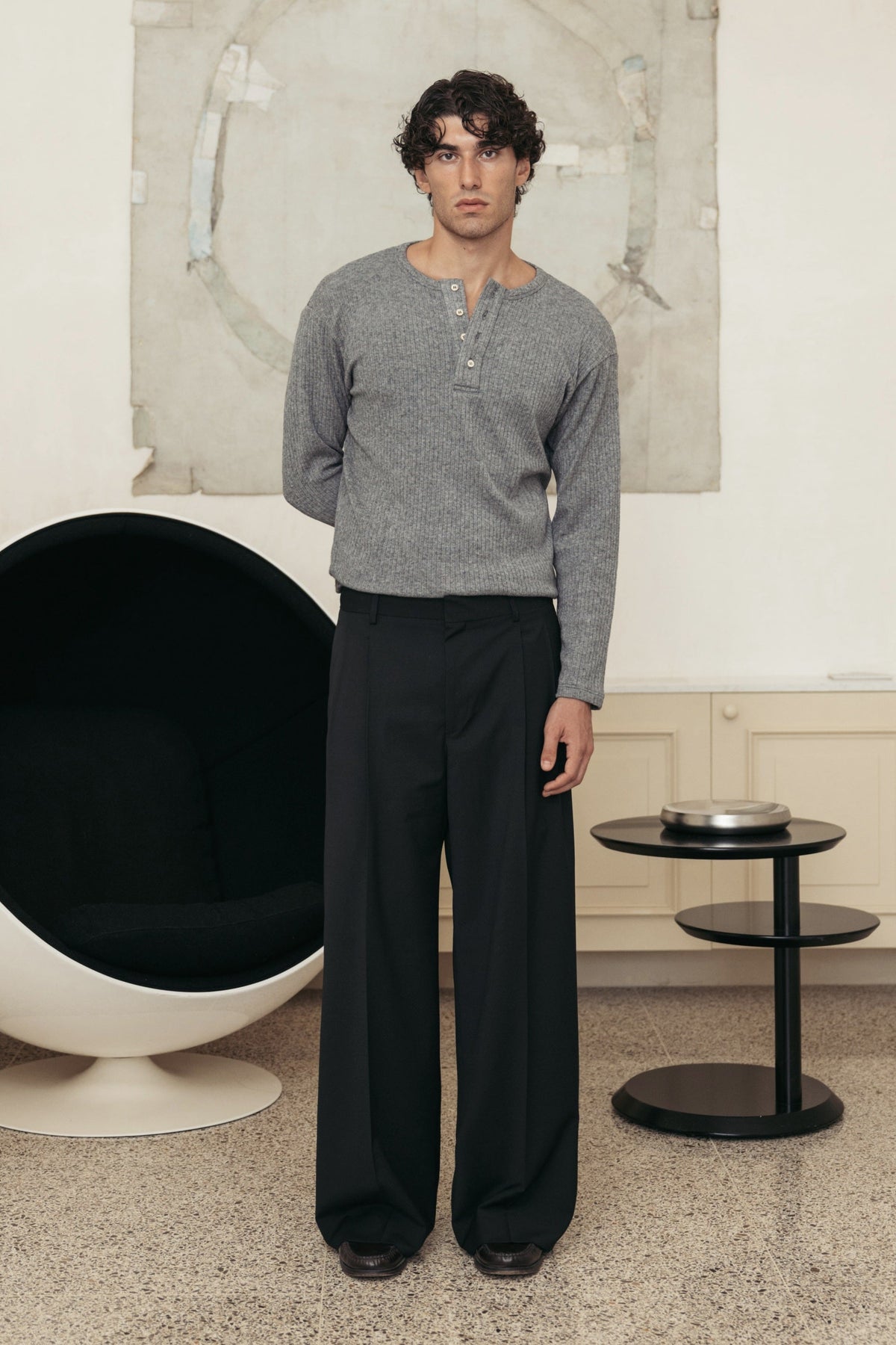 Extrafine Wool Sartorial Pant Black worn by model - primary look