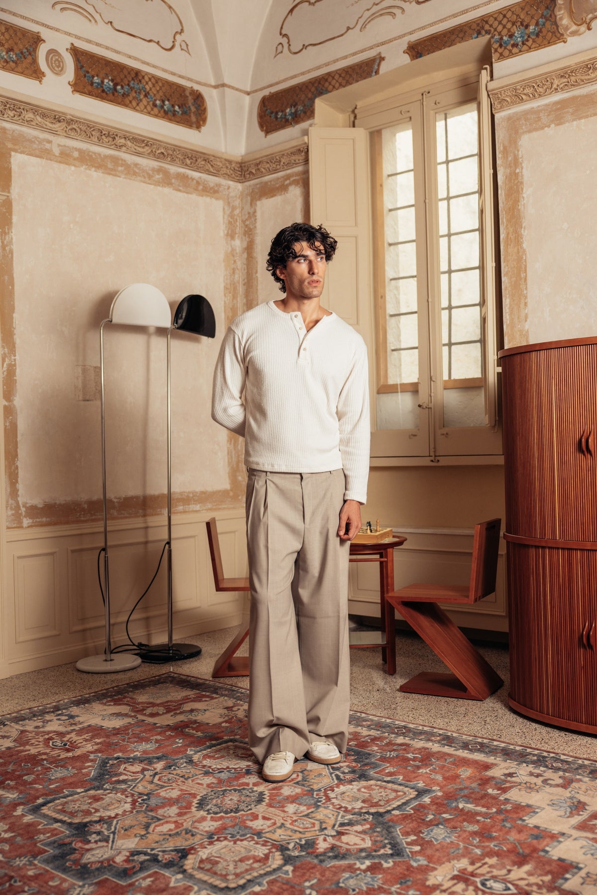 Henley Ribbed Knit Milk worn by model