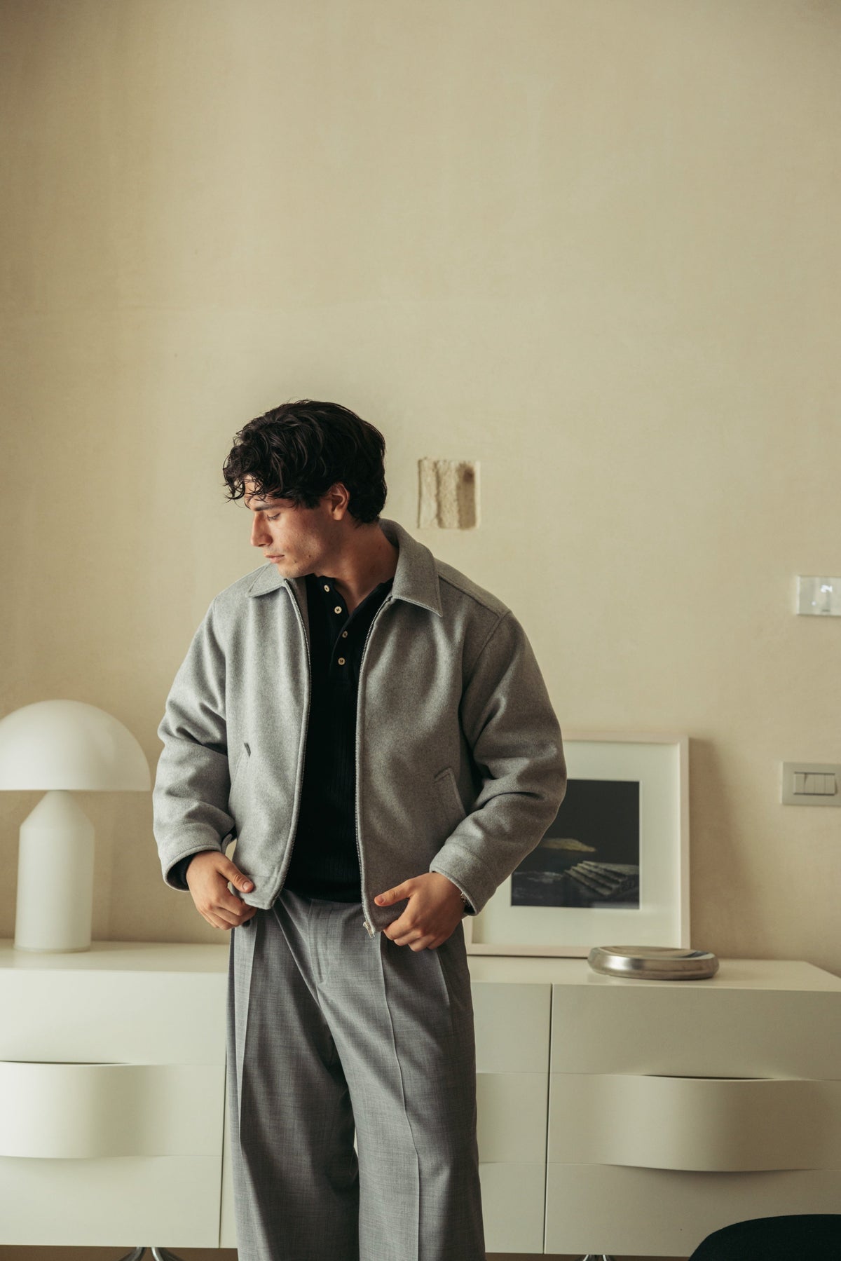 Merino Wool Jacket Grey worn by model