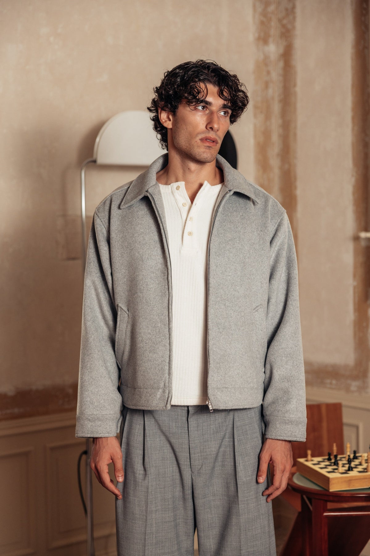 Merino Wool Jacket Grey worn by model - primary look