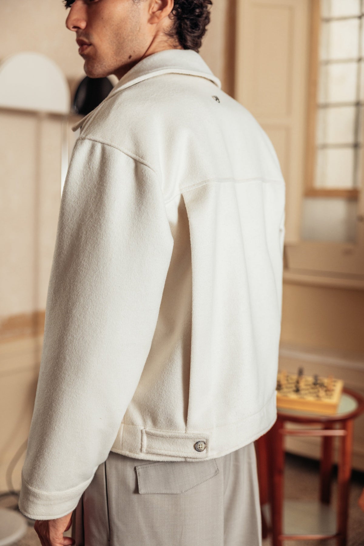 Merino Wool Jacket Milk worn by model