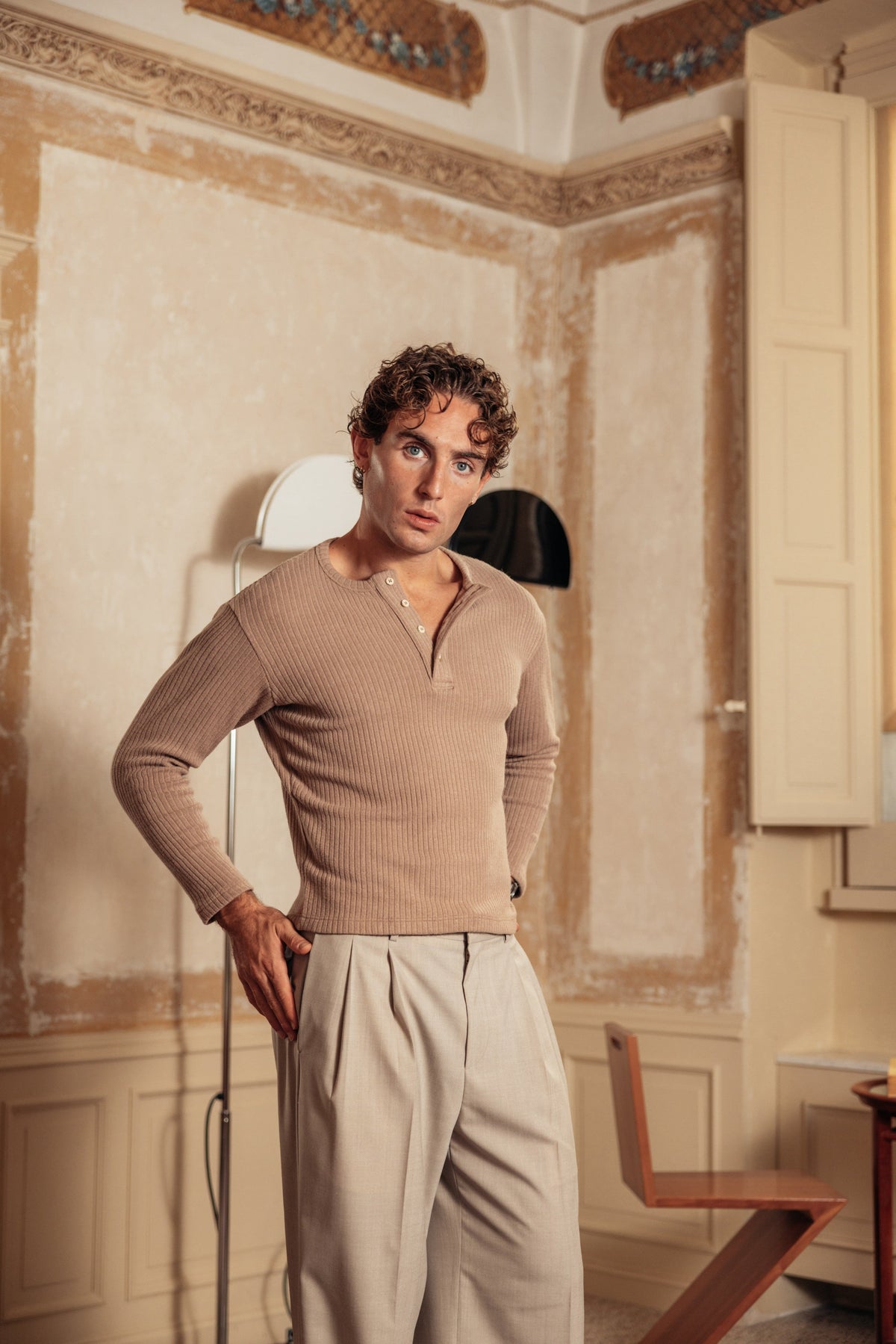 Henley Ribbed Knit Taupe worn by model