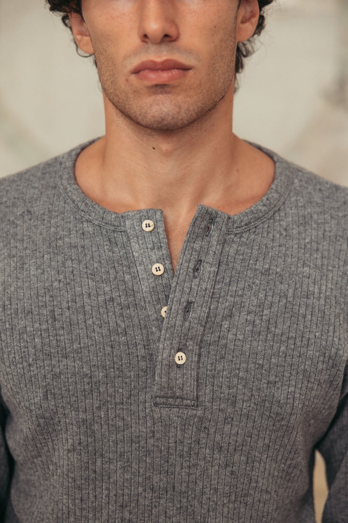 Henley Ribbed Knit Grey worn by model