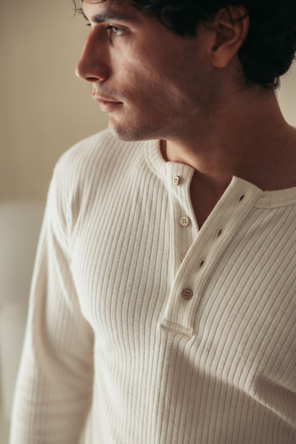 Henley Ribbed Knit Milk worn by model