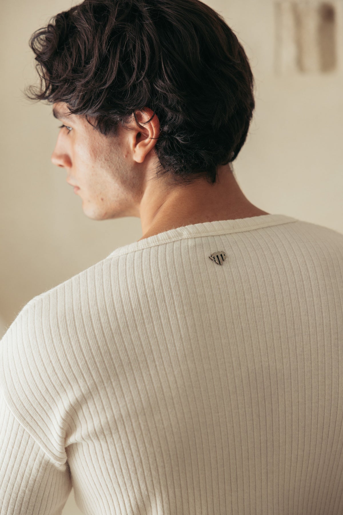 Henley Ribbed Knit Milk worn by model