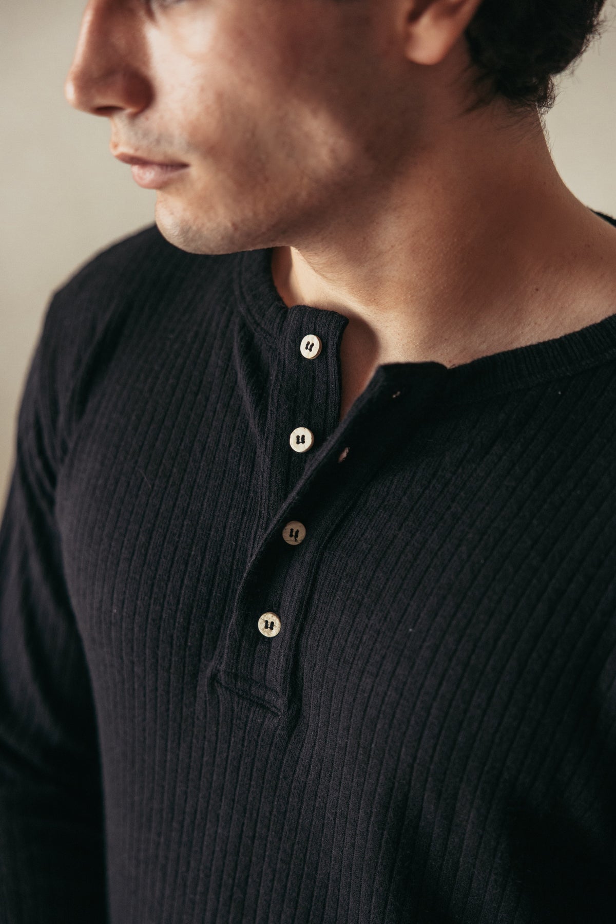 Henley Ribbed Knit Black worn by model