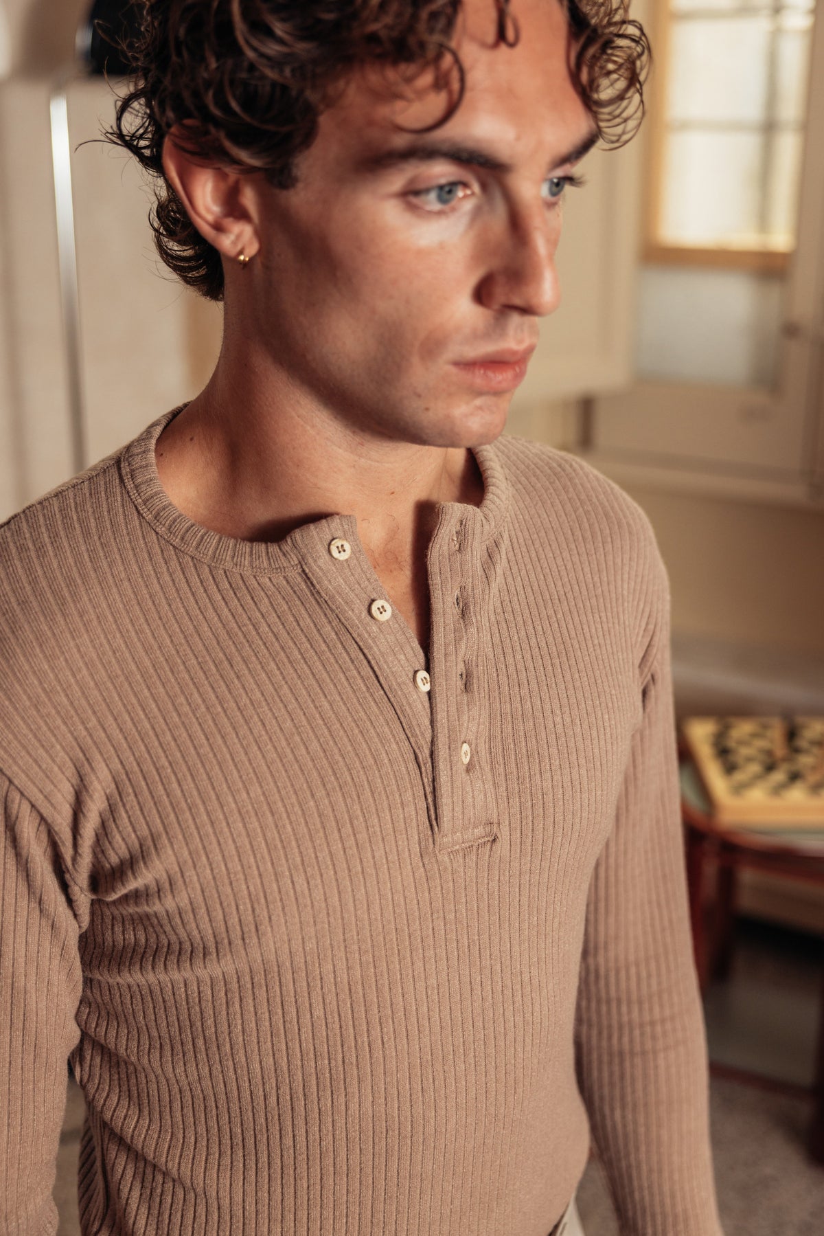 Henley Ribbed Knit Taupe worn by model