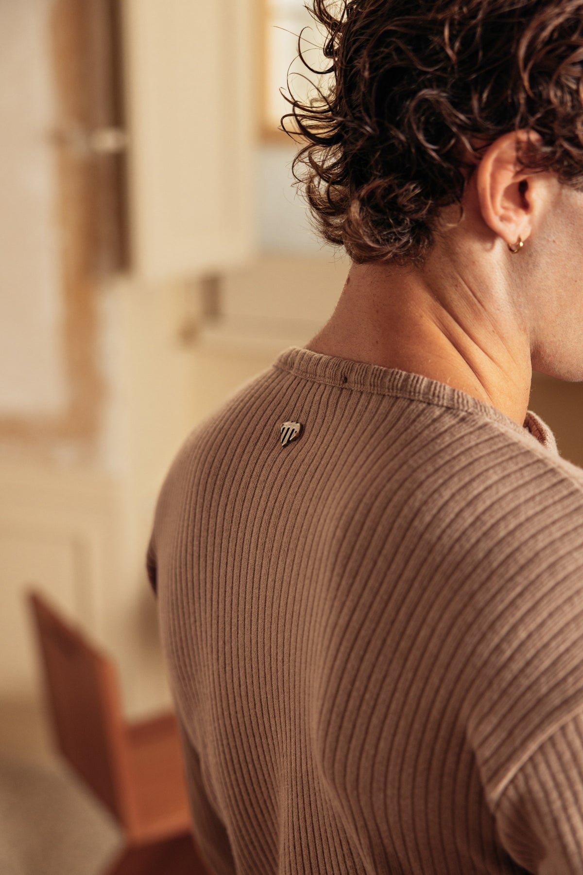 Henley Ribbed Knit Taupe worn by model