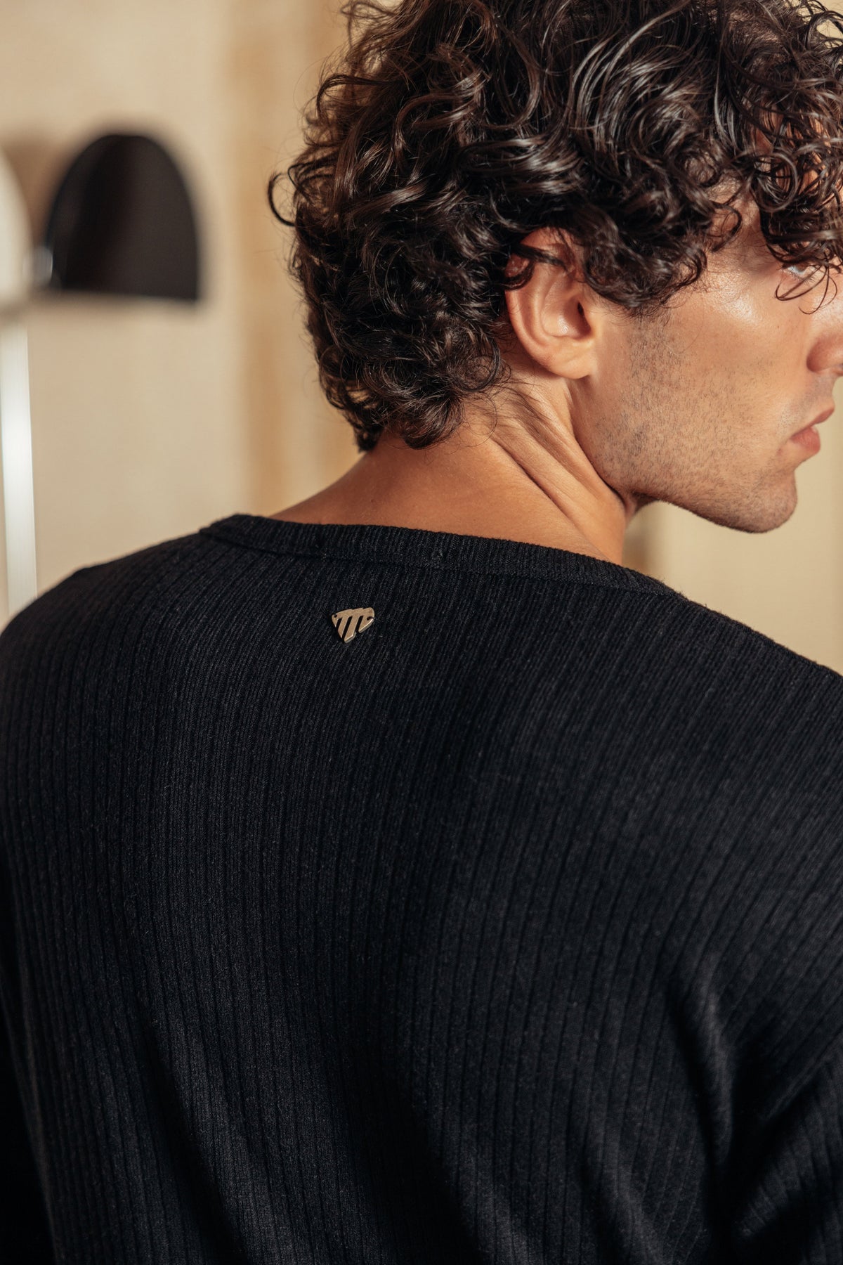 Henley Ribbed Knit Black worn by model